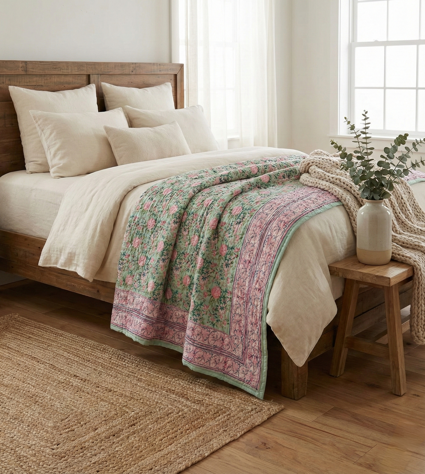 Floral Blush - 100% Soft Cotton Organic Quilt/Blanket- Handcrafted in Jaipur