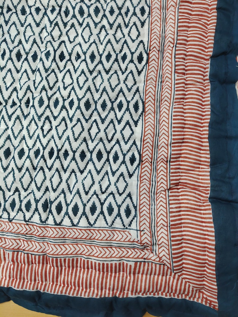 Jheel Brick and Blue 100% Soft Cotton Organic Quilt/Blanket- Handcrafted in Jaipur