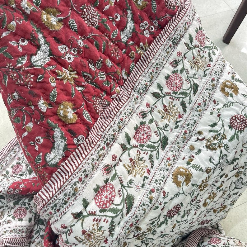 Shabnam Cherry - 100% Soft Cotton Organic Quilt/Blanket- Handcrafted in Jaipur