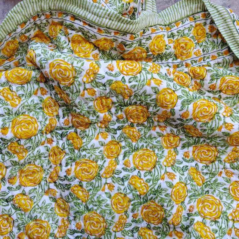 Meadow Yellow - 100% Soft Cotton Organic Quilt/Blanket- Handcrafted in Jaipur