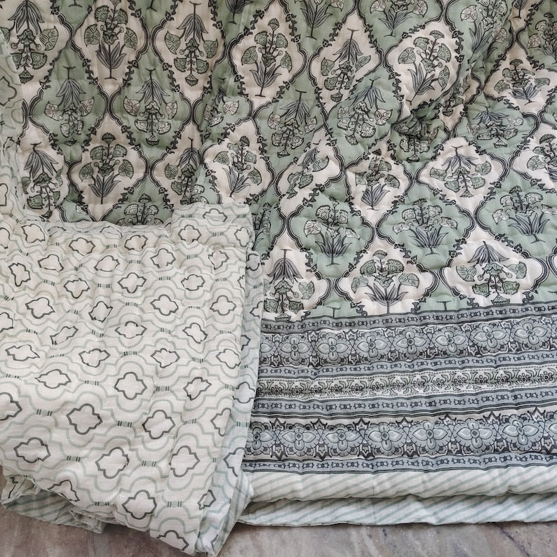 Philomila Pastel Green Blue - 100% Soft Cotton Organic Quilt/Blanket- Handcrafted in Jaipur