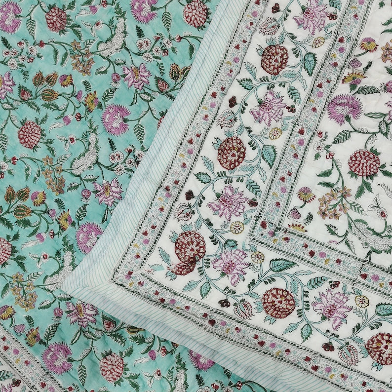 Multi Floral Teal - 100% Soft Cotton Organic Quilt/Blanket- Handcrafted in Jaipur