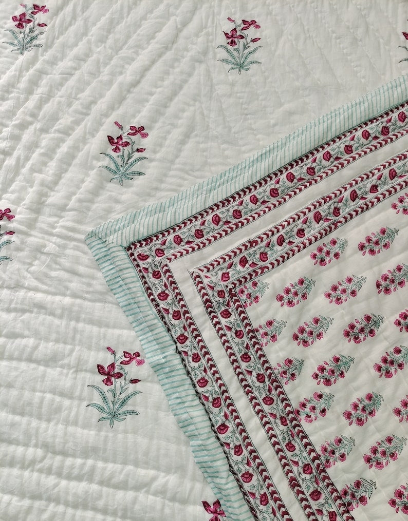 Red Floral Bordered 100% Soft Cotton Organic Quilt/Blanket- Handcrafted in Jaipur