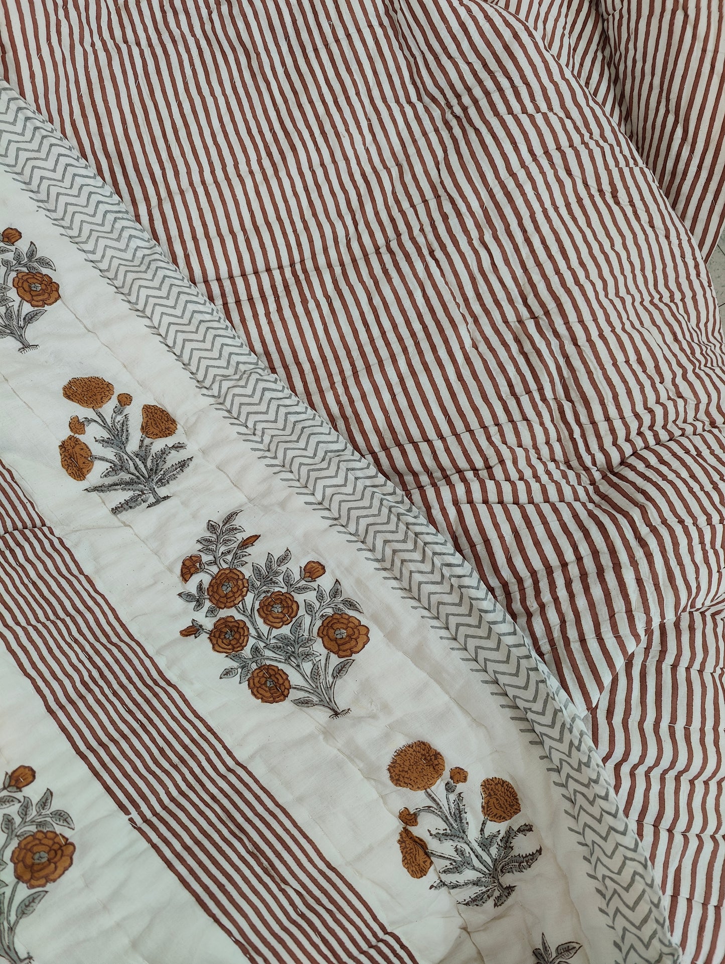 Brown Marigold 100% Soft Cotton Organic Quilt/Blanket- Handcrafted in Jaipur