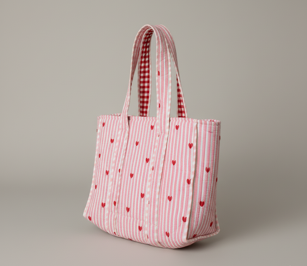 Large Quilted Pink Striped Tote Bags with Heart Prints | Handbags