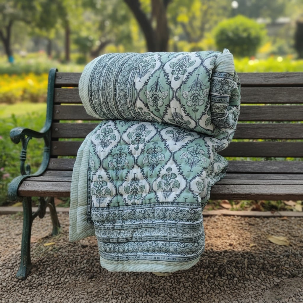 Philomila (Pastel Green Blue) - 100% Soft Cotton Organic Quilt/Blanket- Handcrafted in Jaipur