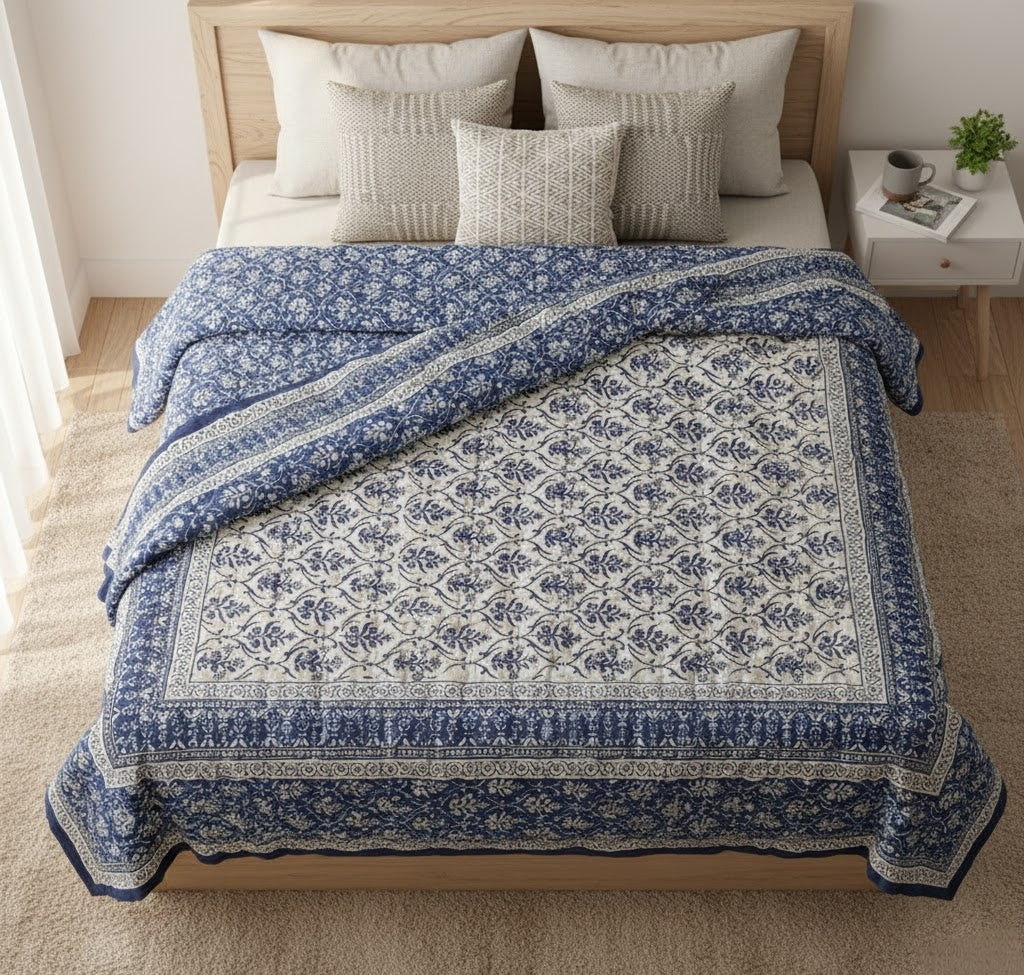 Blue Paisley Blockprinted - 100% Soft Cotton Organic Quilt/Blanket- Handcrafted in Jaipur