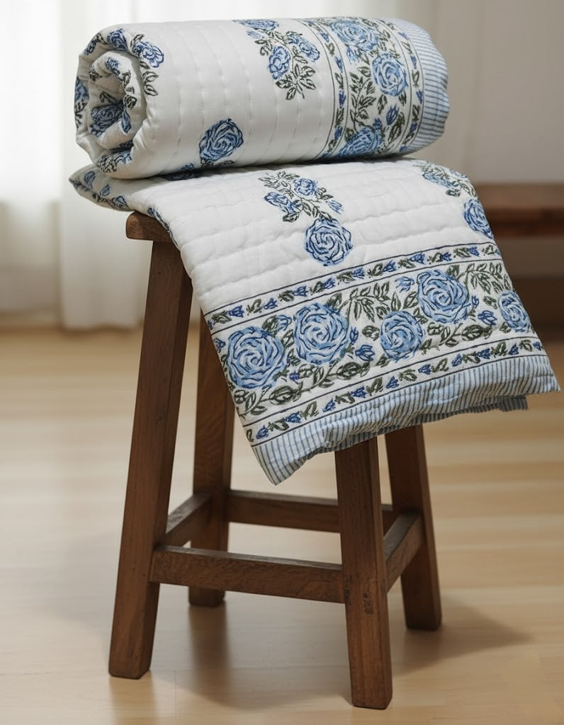'Meadow Blue'- 100% Soft Cotton Organic Quilt/Blanket- Handcrafted in Jaipur