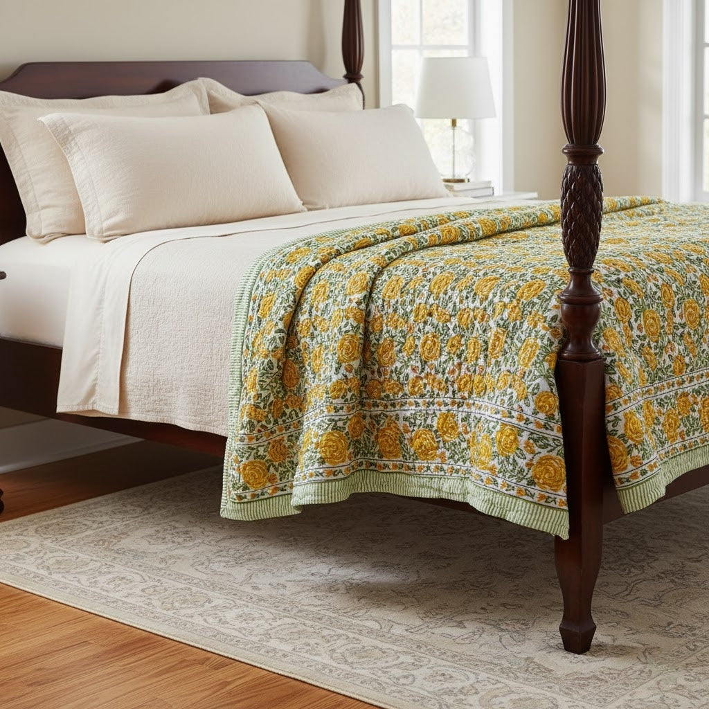 'Meadow Yellow'- 100% Soft Cotton Organic Quilt/Blanket- Handcrafted in Jaipur