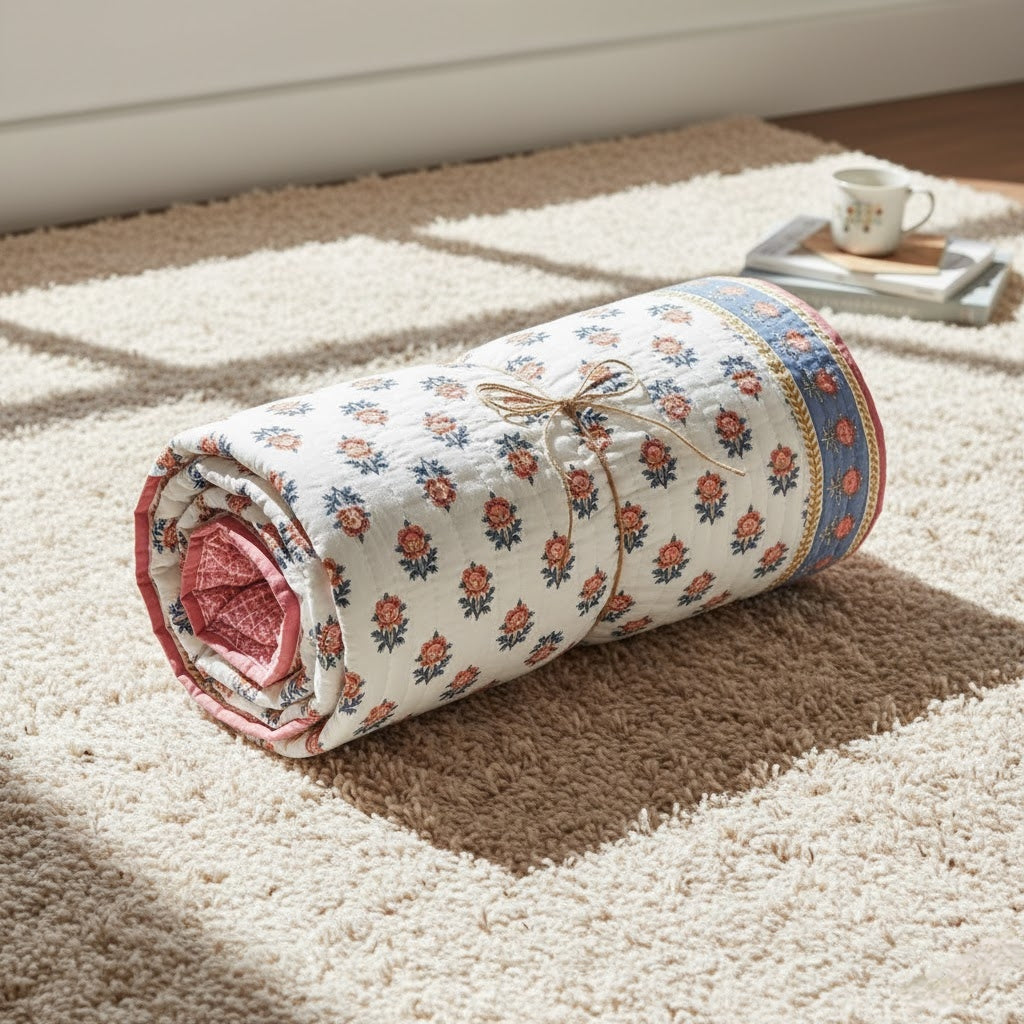 Symphony (Cherry and Blue) - 100% Soft Cotton Organic Quilt/Blanket- Handcrafted in Jaipur