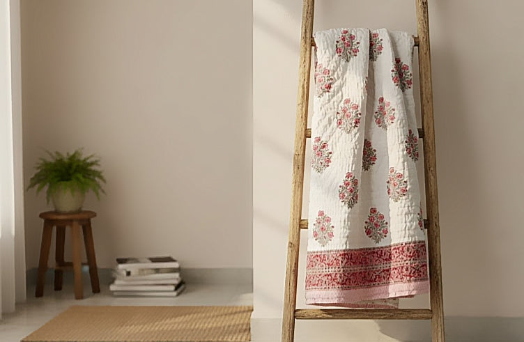Red Bouquet - 100% Soft Cotton Organic Quilt/Blanket- Handcrafted in Jaipur