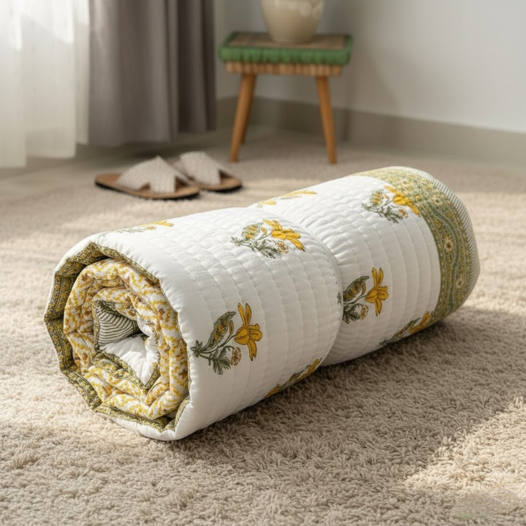 Daffodils- 100% Soft Cotton Organic Quilt/Blanket- Handcrafted in Jaipur