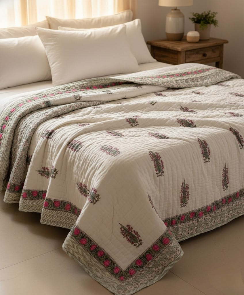 Rose Pink 100% Soft Cotton Quilt/Blanket- Handcrafted in Jaipur