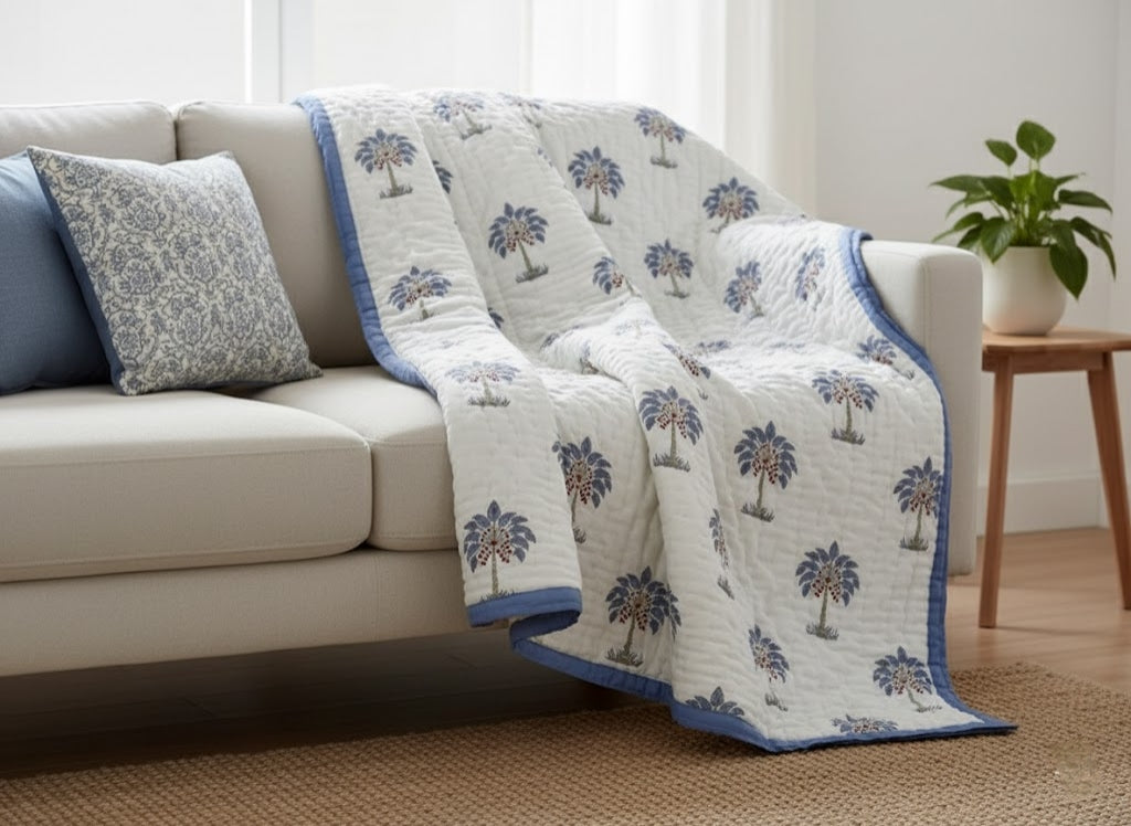 Blue Blockprinted Palm - 100% Soft Cotton Organic Quilt/Blanket- Handcrafted in Jaipur