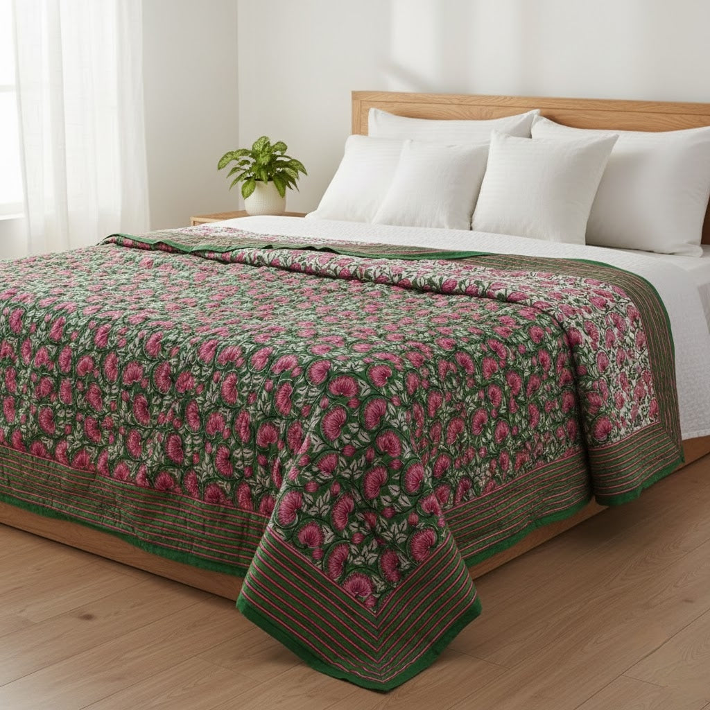 Green and Pink Floral - 100% Soft Cotton Organic Quilt/Blanket- Handcrafted in Jaipur