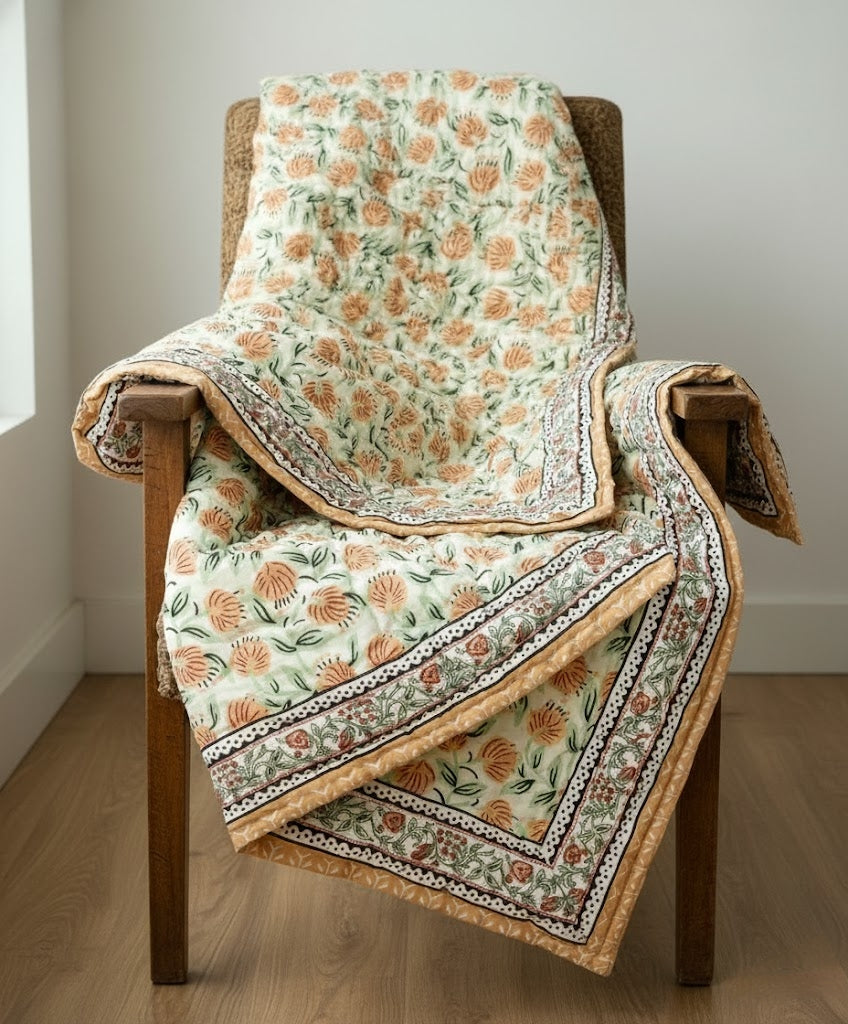 'Peach Cobbler'- 100% Soft Cotton Organic Quilt/Blanket- Handcrafted in Jaipur