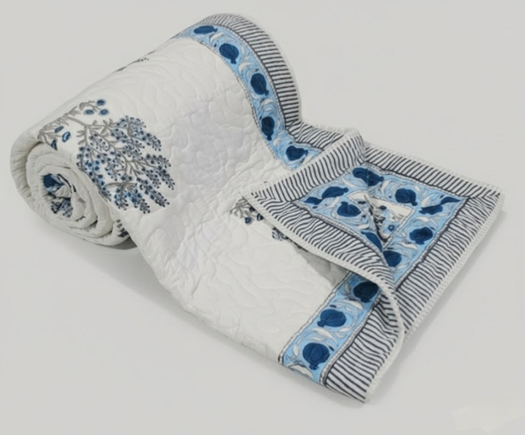 Striped Border 100% Soft Cotton Organic Quilt/Blanket- Handcrafted in Jaipur