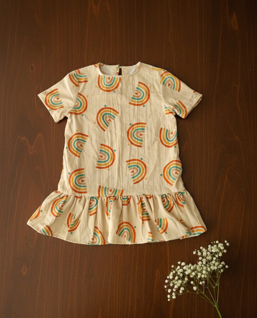 100% Cotton Frill Shift Dress For Kids