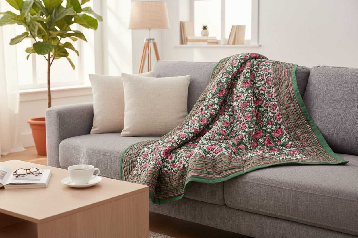Green and Red Bloom 100% Soft Cotton Organic Quilt/Blanket- Handcrafted in Jaipur