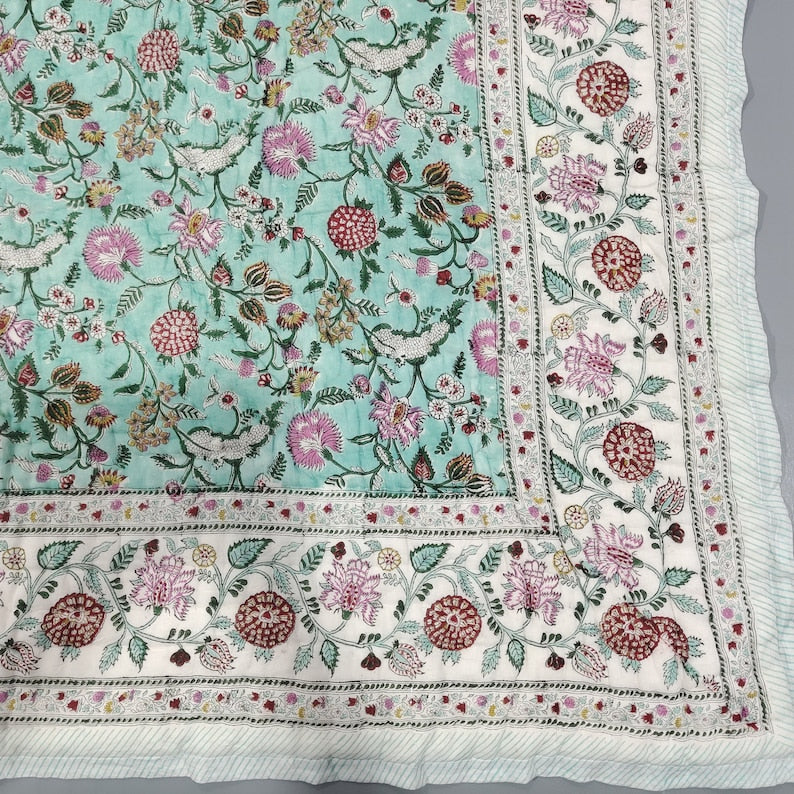 Multi Floral Teal - 100% Soft Cotton Organic Quilt/Blanket- Handcrafted in Jaipur