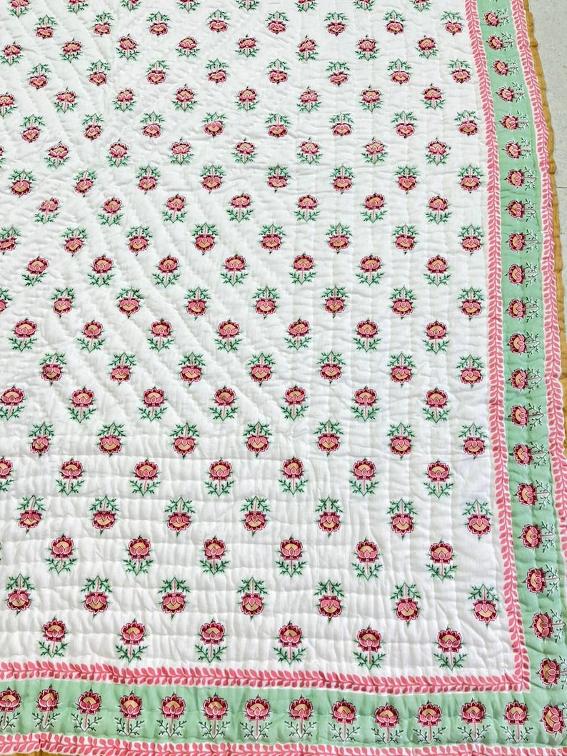 Symphony (Cherry and Green) - 100% Soft Cotton Organic Quilt/Blanket- Handcrafted in Jaipur
