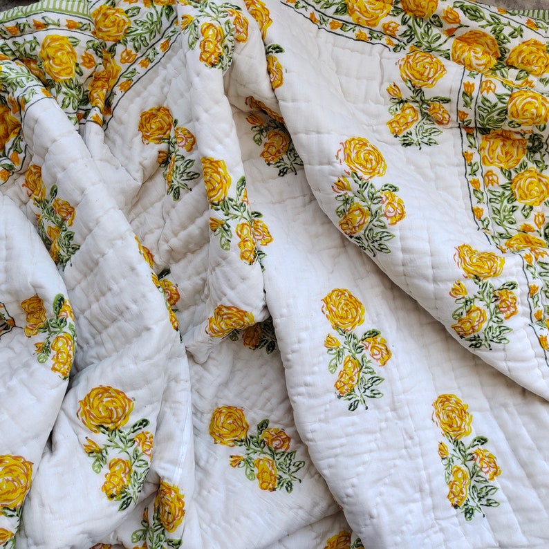 'Meadow Yellow'- 100% Soft Cotton Organic Quilt/Blanket- Handcrafted in Jaipur