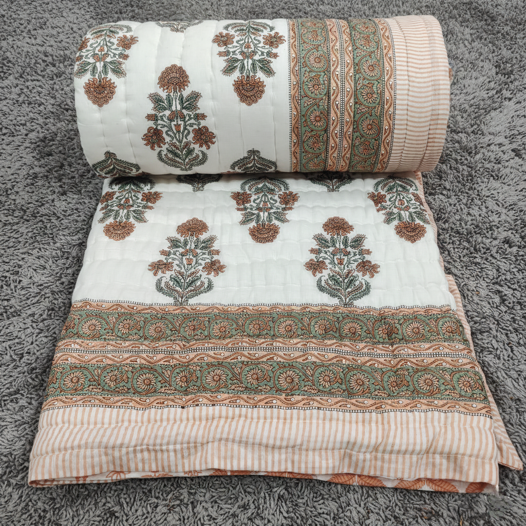 Sunrise - 100% Soft Cotton Organic Quilt/Blanket- Handcrafted in Jaipur