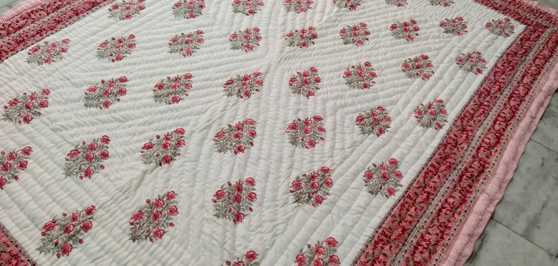 Red Bouquet - 100% Soft Cotton Organic Quilt/Blanket- Handcrafted in Jaipur