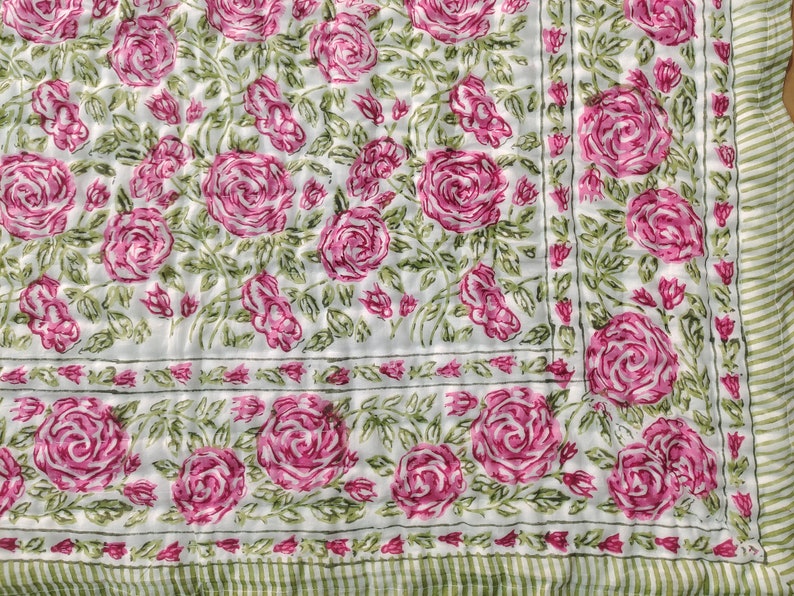 'Meadow Pink'- 100% Soft Cotton Organic Quilt/Blanket- Handcrafted in Jaipur