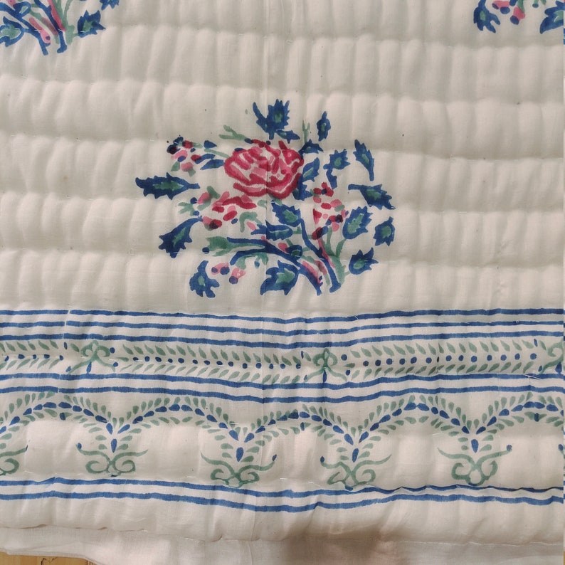 Blue and Pink Flowered 100% Soft Cotton Organic Quilt/Blanket- Handcrafted in Jaipur
