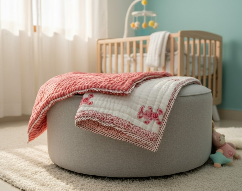 'The Pink Rabbit'- Reversible Baby Quilt|Blanket