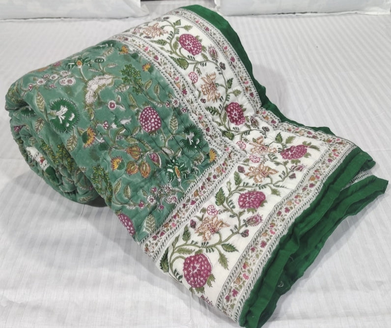 Multi Floral Green - 100% Soft Cotton Organic Quilt/Blanket- Handcrafted in Jaipur