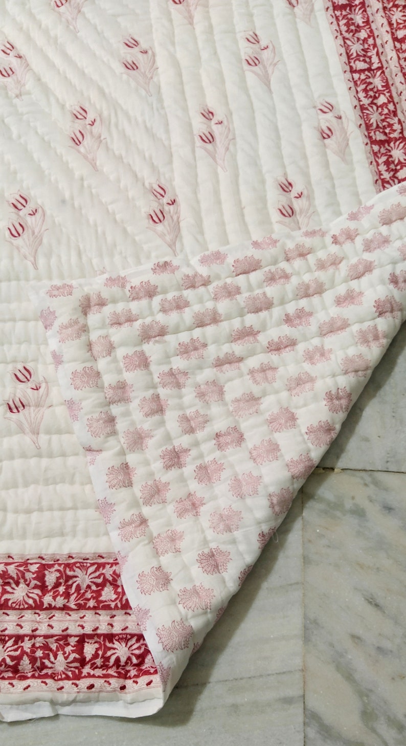 Rouge Flora- 100% Soft Cotton Organic Quilt/Blanket- Handcrafted in Jaipur