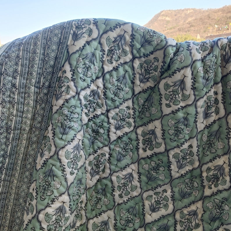 Philomila (Pastel Green Blue) - 100% Soft Cotton Organic Quilt/Blanket- Handcrafted in Jaipur