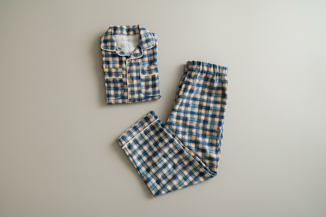 Two-piece Cotton Pajama Set | Blue Checks