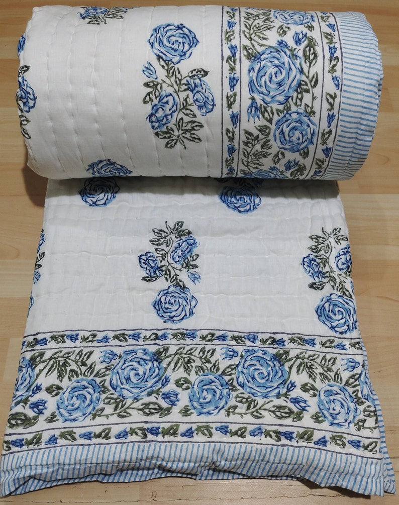 'Meadow Blue'- 100% Soft Cotton Organic Quilt/Blanket- Handcrafted in Jaipur