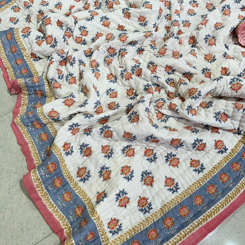 Symphony (Cherry and Blue) - 100% Soft Cotton Organic Quilt/Blanket- Handcrafted in Jaipur
