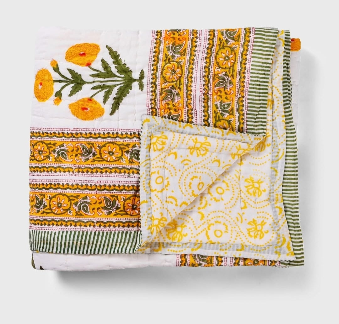 'Marigold'- 100% Soft Cotton Organic Quilt/Blanket- Handcrafted in Jaipur