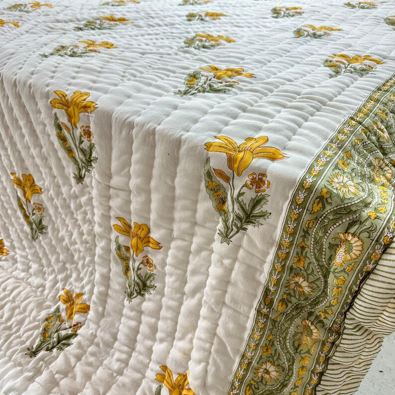 Daffodils- 100% Soft Cotton Organic Quilt/Blanket- Handcrafted in Jaipur