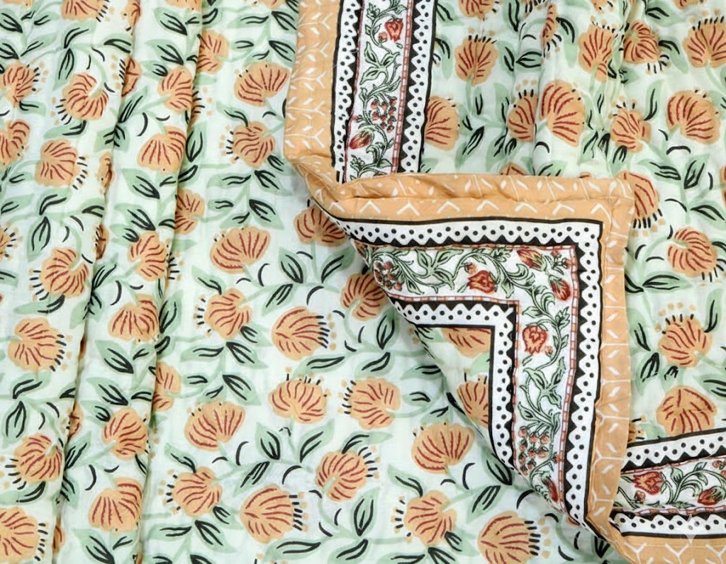 'Poppy Fields'- 100% Soft Cotton Organic Quilt/Blanket- Handcrafted in Jaipur