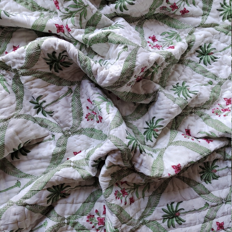 Red Floral - 100% Soft Cotton Organic Quilt/Blanket- Handcrafted in Jaipur