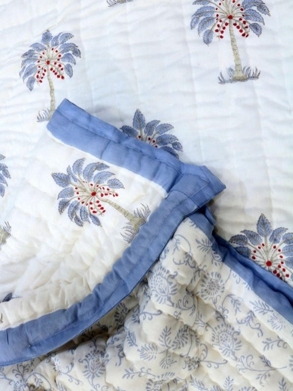 Blue Blockprinted Palm - 100% Soft Cotton Organic Quilt/Blanket- Handcrafted in Jaipur