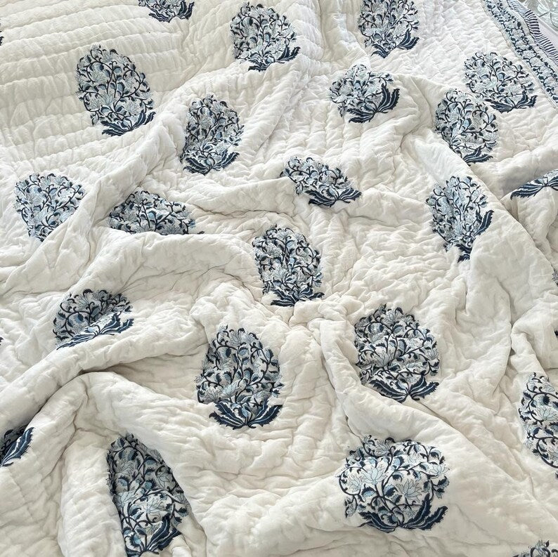 Indigo Heritage Quilt- 100% Soft Cotton Organic Quilt/Blanket- Handcrafted in Jaipur
