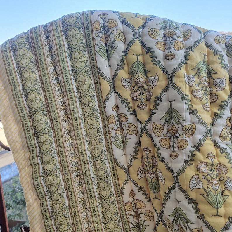 Philomila (Buttercup Yellow) - 100% Soft Cotton Organic Quilt/Blanket- Handcrafted in Jaipur