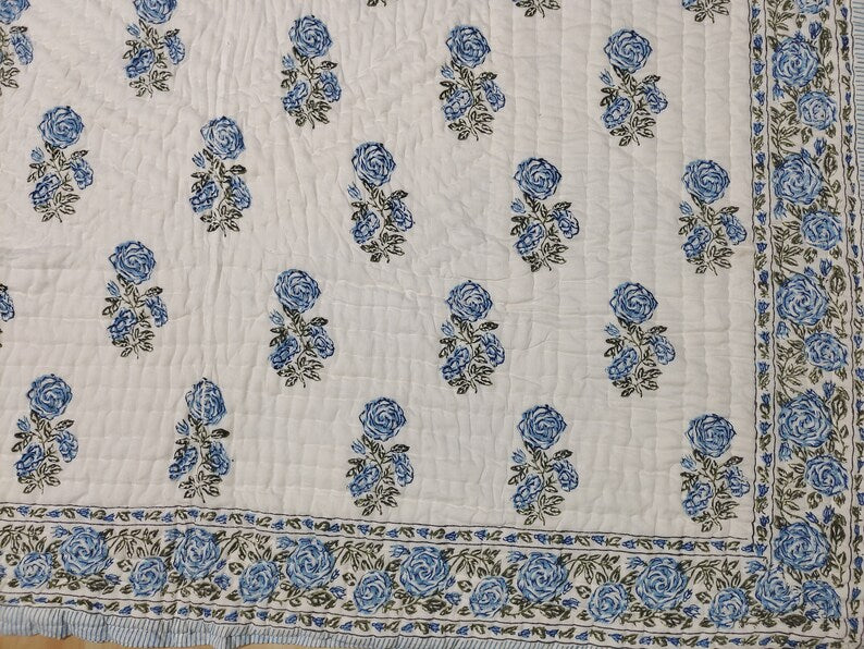 'Meadow Blue'- 100% Soft Cotton Organic Quilt/Blanket- Handcrafted in Jaipur