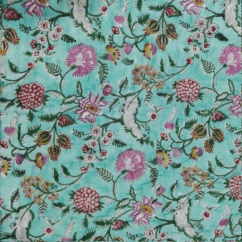 Multi Floral Teal - 100% Soft Cotton Organic Quilt/Blanket- Handcrafted in Jaipur