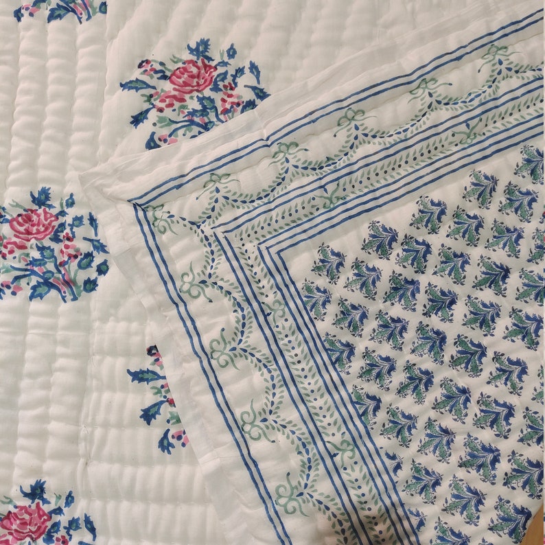 Blue and Pink Flowered 100% Soft Cotton Organic Quilt/Blanket- Handcrafted in Jaipur