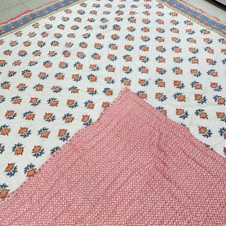 Symphony (Cherry and Blue) - 100% Soft Cotton Organic Quilt/Blanket- Handcrafted in Jaipur
