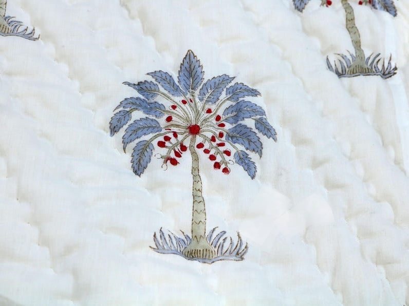 Blue Blockprinted Palm - 100% Soft Cotton Organic Quilt/Blanket- Handcrafted in Jaipur