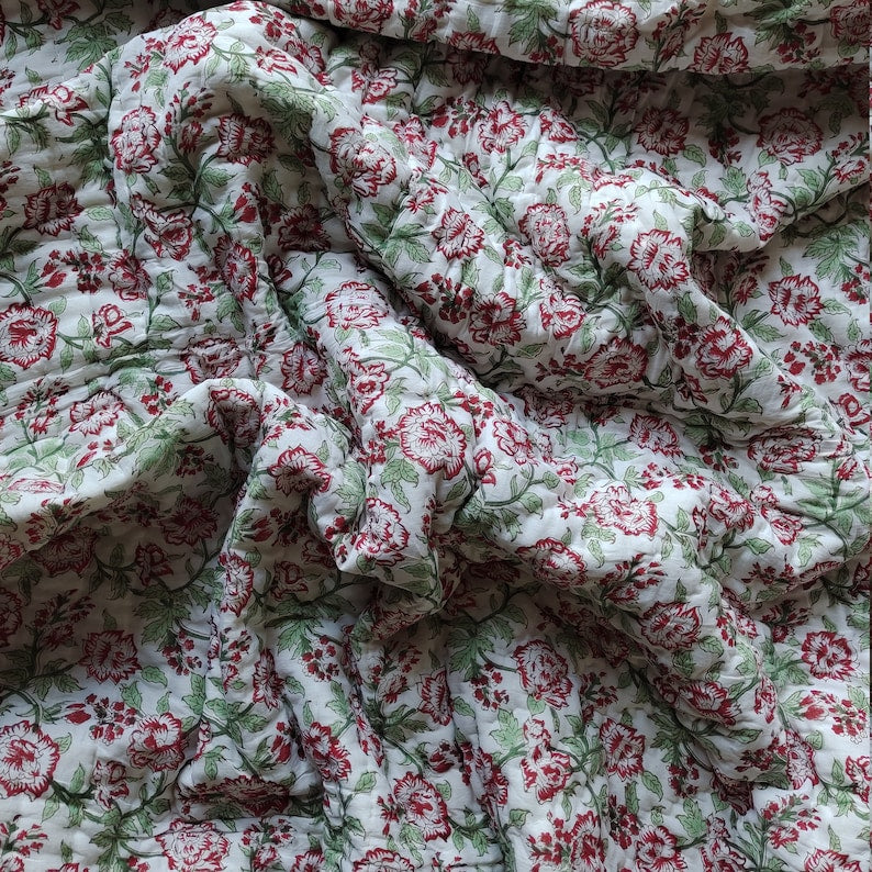 Red Floral - 100% Soft Cotton Organic Quilt/Blanket- Handcrafted in Jaipur